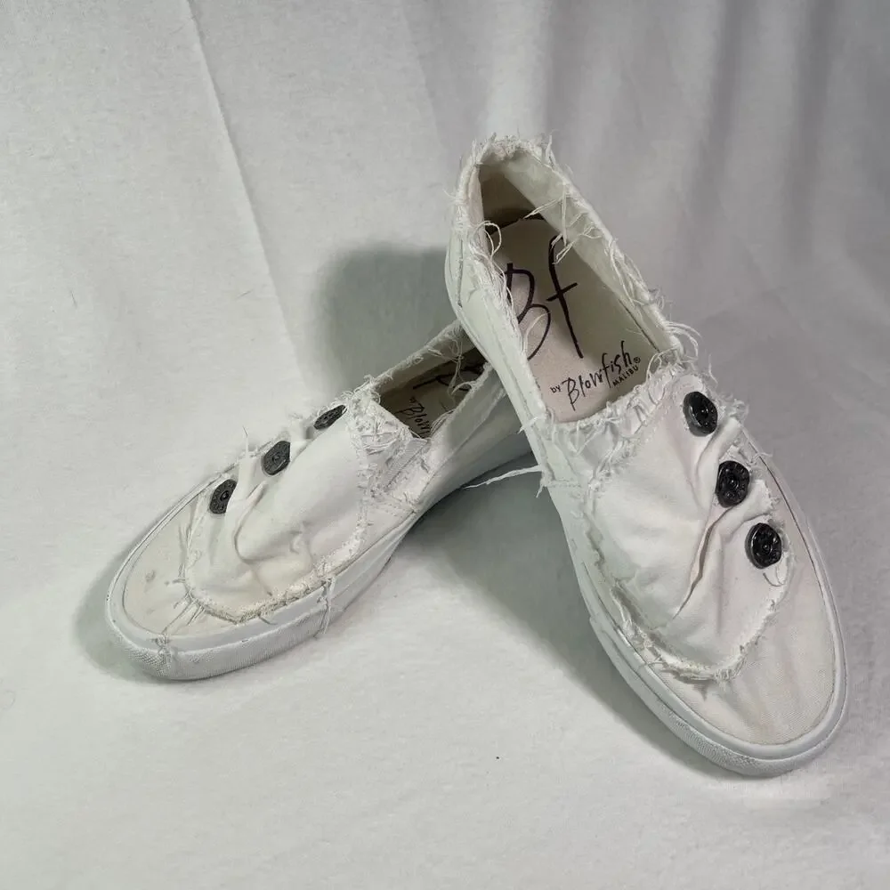 Blowfish Malibu Shoes Women's 8.5 Casual Sneakers White Distressed Fabric Flats